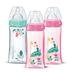 DODIE Lot de 3 Biberons Anti-Coliques Tétines Rondes 330ml +6 mois 3 vitesses Débit 3 - Rose et vert