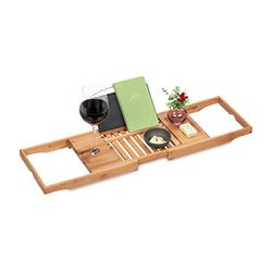 Relaxdays Bandeja Bañera, Bambú, 70-105 cm Extensible, Soporte Libros y Copa de Vino, Mesa Desayuno Cama, Natural/Negro, Poliéster