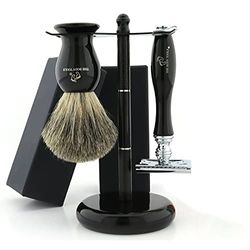 The Body Tools - Set da barba da uomo con rasoio di sicurezza e spazzola per capelli di tasso bagnato, per una ricca schiuma da barba