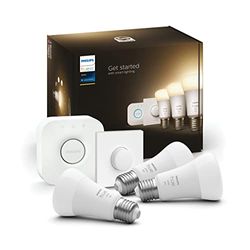 Philips Hue Starterkit - 3 Lampen - E27 - warm-wit Licht - 1100lm - 1 Smart Button - Inclusief Hue Bridge - Dimbaar - Verbind met Bluetooth of Hue Bridge - Werkt met Alexa en Google Home