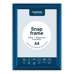 EUROPEL lightweight Snap frame A4, Blue, Profile 25x11 mm, Anodized aluminum, anti-reflective protector, External dimensions 241x328 mm, Grey polystyrene back
