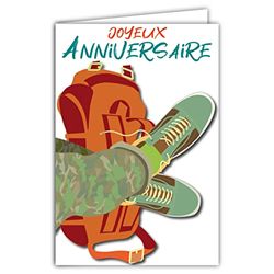 Kaart "Happy Birthday" sneakers, modieus, militair, rugzak, sport, wandelen, kamperen, Explorer, avontuur, illustratie met envelop, formaat 12 x 17,5 cm, gemaakt in Frankrijk 69-8051