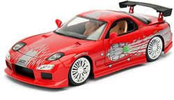 Jada Toys Fast & Furious Dom's 1993 Mazda RX-7 FD3S-Wide Body, bil, tuning-modell i skala 1:24, med spoiler, öppningsdörrar, motorhuv och bagageutrymme, frihjul, röd