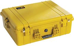 PELI 1600 stötsäker låda för känslig utrustning, IP67-vatten- och dammtät, 46 liters kapacitet, tillverkad i Tyskland, inget skum, gul