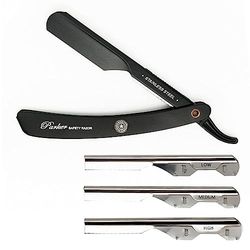Parker, rasoio da barbiere dritto regolabile in acciaio inossidabile con manico nero - Personalizza la tua rasatura con 3 diversi inserti per lama - 5 lame per rasoio Parker incluse
