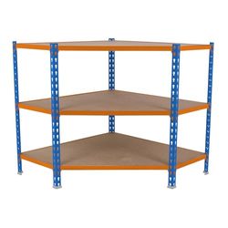 SimonRack Scaffale in metallo ad angolo, senza viti, 3 ripiani in legno, ad alta capacità di carico: 200 kg, 900 x 900 x 300 mm, scaffalatura garage ripostiglio, blu/arancione/legno