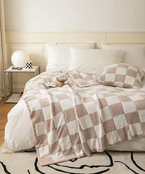 REPRECONF ZASTION Ultra Soft Gezellig Buffalo Checkerboard Grid Fluffy Microvezel Gebreide Gooi Deken Lichtgewicht Fleece Geruit Deken voor Sofa Bank Bed Reizen Cream 130 x 150 cm