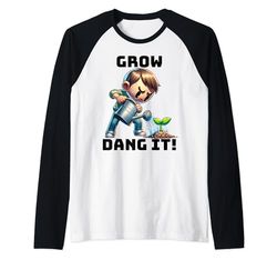 "Grow Dang It" Uomo frustrato che innaffia il suo disegno della pianta Maglia con Maniche Raglan