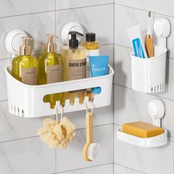 TAILI Portaspazzolino da doccia con ventosa, portasapone e portaspazzolino, senza foratura, rimovibile, organizer da bagno potente e resistente, impermeabile, per bagno e cucina, bianco