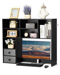 VEVOR Desktop Bookshelf, 3-Tier Desktop Storage Organizer, 37" x 10" x 31.1" Office Storage Rack Wood Display Shelf, Desktop Bookshelf Hutch with Two Fabric Drawers, for Office, Home & Dorm, Black