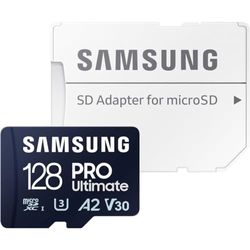 Samsung PRO Ultimate microSD memory card, 128 GB, UHS-I U3, 200 MB/s read, 130 MB/s write, Includes USB card reader, For smartphone, drone or action cam