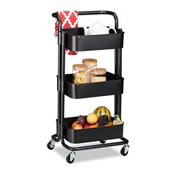 Relaxdays Carrito Auxiliar, 3 Pisos, 2 Frenos, Carro Multiusos Cocina, Baño, Oficina, Metal, 84x42x37 cm, Negro, Acero