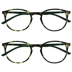 OPULIZE Met Reading Glasses 2 Pack Slim Round Frame Scratch Resistant Spring Hinges Green Tortoiseshelll Solid Arm Mens Womens RR60-6 +3.00