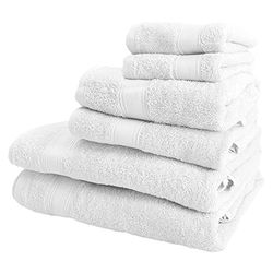 6 serviettes de bain: 2 serviettes de courtoisie 30x50; 2 serviettes de lavabo 50x90; 2 serviettes de douche 70x140cm 450 gr / m2 100% coton blanc