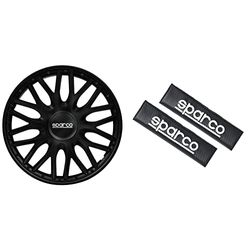 Sparco Spc1396Bk Set Copricerchi 4 Pezzi Roma 13 Pollici Nero & SPC1206CB 1 Set de 2 Cuscinetti Cintura di Sicurezza Auto Look Carbon universali