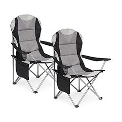 Mondeer Campingstoelen, set van 2, hoge rugleuning gewatteerde klapstoelen met bekerhouder en zijzakken voor kamperen, vissen, picknick, tot 120 kg, donkergrijs
