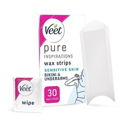 Veet Pure Cold Wax Strips, Bikini & Underarm, Sensitive Skin, 30 Strips, 3 Finish Wipes, Hair Removal, Removes Hair From Root, 28 Days Smoothness, Hypoallergenic Formula (Packaging may vary)