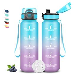 Vattenflaska, gymflaska 1 liter, läckagefri flaska, motiverande flaska, lätt att bära, vattenflaska med drickstider, lätt att rengöra, för camping, fitness, yoga, skola