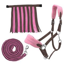 PFIFF Sunny 103103 Lot de 3 licols, tricotés et Franges à Mouches, Personnalisables, Marron/Rose, Poney