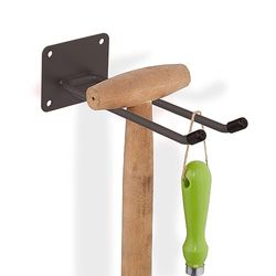 Relaxdays Organizador de Herramientas, Gancho Colgar Escobas o Rastrillos, 24 cm, Soporte Taller o Garaje, Acero, Marrón