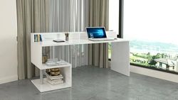 Dmora - Bureau Serafino, Bureau linéaire avec étagères de Rangement, Bureau Polyvalent avec Plateau, 180x60h93 cm, Blanc