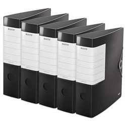 Leitz Archivador de calidad 180° Solid, paquete de 5 unidades, A4, negro, ancho de lomo de 8,2 cm, cierre de banda elástica, espuma de polietileno resistente, etiqueta trasera intercambiable