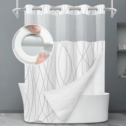 LXBNI Rideau de Douche à Rayures Grises et Blanches sans Crochet avec Doublure en Tissu – Ensemble de Rideau de Douche d'hôtel et Doublure avec fenêtre supérieure en Maille Transparente, Lavable en