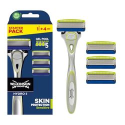 Wilkinson Sword Hydro 5 Sensitive Razor For Men, 5 Blade Cartridge Razor with Hydrating Aloe Vera Gel, Skin Guards, Flip Trimmer, 4 Piece Set (Handle + 3 Blades), Multicolor, Men's