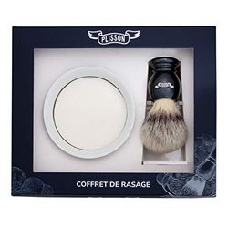 Plisson Coffret Rasage Blaireau Gris Nacré en Fibre Blanche Taille 12 Support Bol Savon