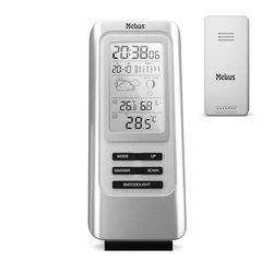 MEBUS funkgesteuerte Wetterstation mit Außensensor, Thermometer, Hygrometer, Funkuhr, Wohlfühlindikator bewertet Raumklima, Wettervorhersage, Mondkalender, Wecker, Farbe: Silber, Modell: 40627