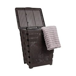 Mind Reader Panier à linge pliable de 61 L, panier à vêtements, couvercle, design en osier, plastique, 45,7 x 36,8 x 54,2 cm (L x l x H), marron
