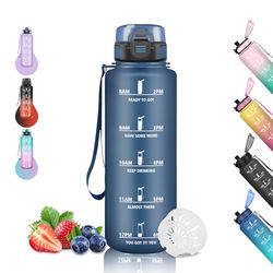 Vattenflaska, 1,5 liter vattenflaska, läckagefri gymflaska, sportflaska, lätt att rengöra, motiverande vattenflaska med tidsskala, vattenflaskor, för yoga, cykling, camping, marinblå