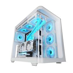 Mars Gaming MC-FUSION, Boîtier Gaming ATX, Fenêtre Latérale Complète et Façade Verre Trempé Courbé Continu, Semi-Tour PC Double Chambre, Support Refroidissement Liquide, Espace Interne Optimisé, Blanc