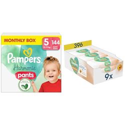 Zestaw Pampers Pieluchomajtki Harmonie Miesięczny zapas S5 144 sztuki + Chusteczki Pampers Harmonie Protect&Care Calendula 9x44 sztuki