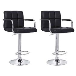 Lote de 2 taburetes de Bar Negros con reposabrazos Mike. Taburete de Cocina Moderno con Asiento Regulable en Altura, rotación 360 ° y reposapiés. Respaldo y apoyabrazos Negros.