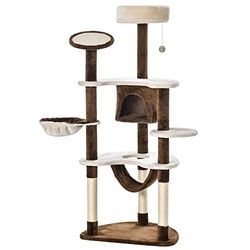 PawHut Árvore raspador para gatos grande 65 x 50 x 153 cm torre para gatos centro de atividades com várias plataforma poste rede bolas de brinquedo e caverna castanho