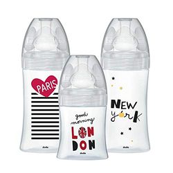 Dodie Zestaw urodzinowy z 3 butelkami dla niemowląt, antykolik Sensation+ ze szkła (1 x 150 ml; 2 x 270 ml), płaska przyssawka, nie zawiera BPA, City
