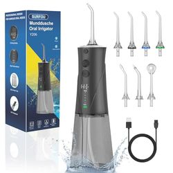 SURFOU Irrigador Dental, Irrigador Bucal Portatil con 7 Boquillas 3 Modos 5 Presión de agua 230ML, IPX7 Impermeable USB Recargable Irrigador Para Viajes y Uso Doméstico