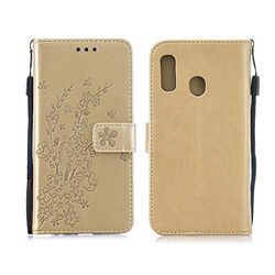 Carcasa de telefono Patrón for la Galaxia A60 Ciruelo florece la Caja del Cuero del tirón con el sostenedor y Ranuras for Tarjetas y Monedero y la Cuerda de Seguridad (Verde) Horizontal