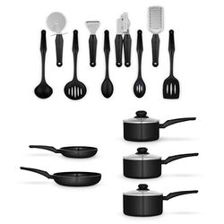 Swan SWPS5022BLK Townhouse 14 Piece Aluminium Cookware and Tool Set with 16/18/20cm saucepans with Glass Lids and 20/26cm Frying Pans, Black