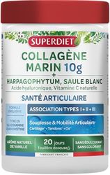 SUPERDIET - COLLAGÈNE MARIN - ARTICULATIONS & SYSTÈME LOCOMOTEUR - ASSOCIATION TYPE I, II, III - Titré en Glucosamine et Chondroïtine - Fabrication française - 220g