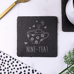 eBuyGB Engraved Square Slate Coaster -Nine-Tea Design - 90th Birthday Gifts for Women, Her - Ninetieth Birthday Gift for Mum, Grandma - Drinks Mat