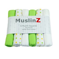 MuslinZ- 6 pack 100% pure soft cotton Muslin Squares Baby Burp Cloths in Plain, White and Polka Dot Mix 70x70cms Perfect for Newborns (6 Pack, Green Combo)