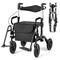 FANTASK 2-in-1 rolstoel & reisrollator, rollator van aluminium met opvouwbaar design, zwarte reisrollator met hoogteverstelsysteem, rolstoel met tas en stokhouder