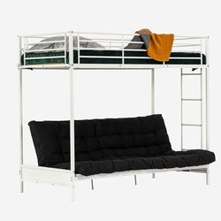 MEUBLE COSY Lit Mezzanine 90x190cm avec Banquette Convertible et Futon Portable, Sommier à Lattes en métal, Style Industriel, pour Enfant Chambre à Coucher Maison, Blanc