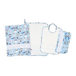 FILET - Set De Guardería Cuatro Piezas Bordable, Compuesto de Babero con Elástico, Toalla, Bolsa para el Cambio y Bolsa Servilletero/Babero, Made in Italy, Fantasía Perritos Fondo Azul