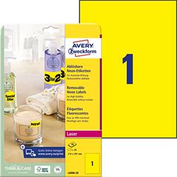 AVERY Specialform L6006-20 självhäftande etiketter neongul (A4, avtagbar, 210 x 297 mm, för tryck, 20 klistermärken på 20 ark, färgglada självhäftande etiketter för iögonfallande märkning)