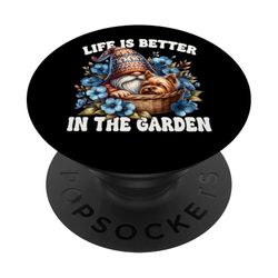 Life Is Better In The Garden Gnome With Yorkshire Terrier PopSockets PopGrip Adhesivo