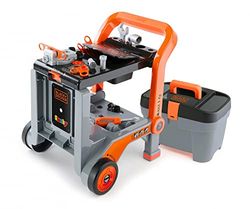 Smoby 7600360202 - Black & Decker 3-i-1 Vagn -3-i-1 Vagn med liten Arbetsbänk, Mobil Vagn eller en Praktisk Skottkärra samt 18 Tillbehör Från 3 år