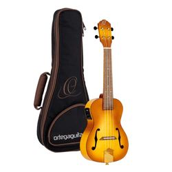 Ortega Saloon Series Concert Ukulele + Estuche DeLuxe - tapa de arce flameado, fondo y aros/tapa y fondo arqueados/boca violín, RUSL-HSB